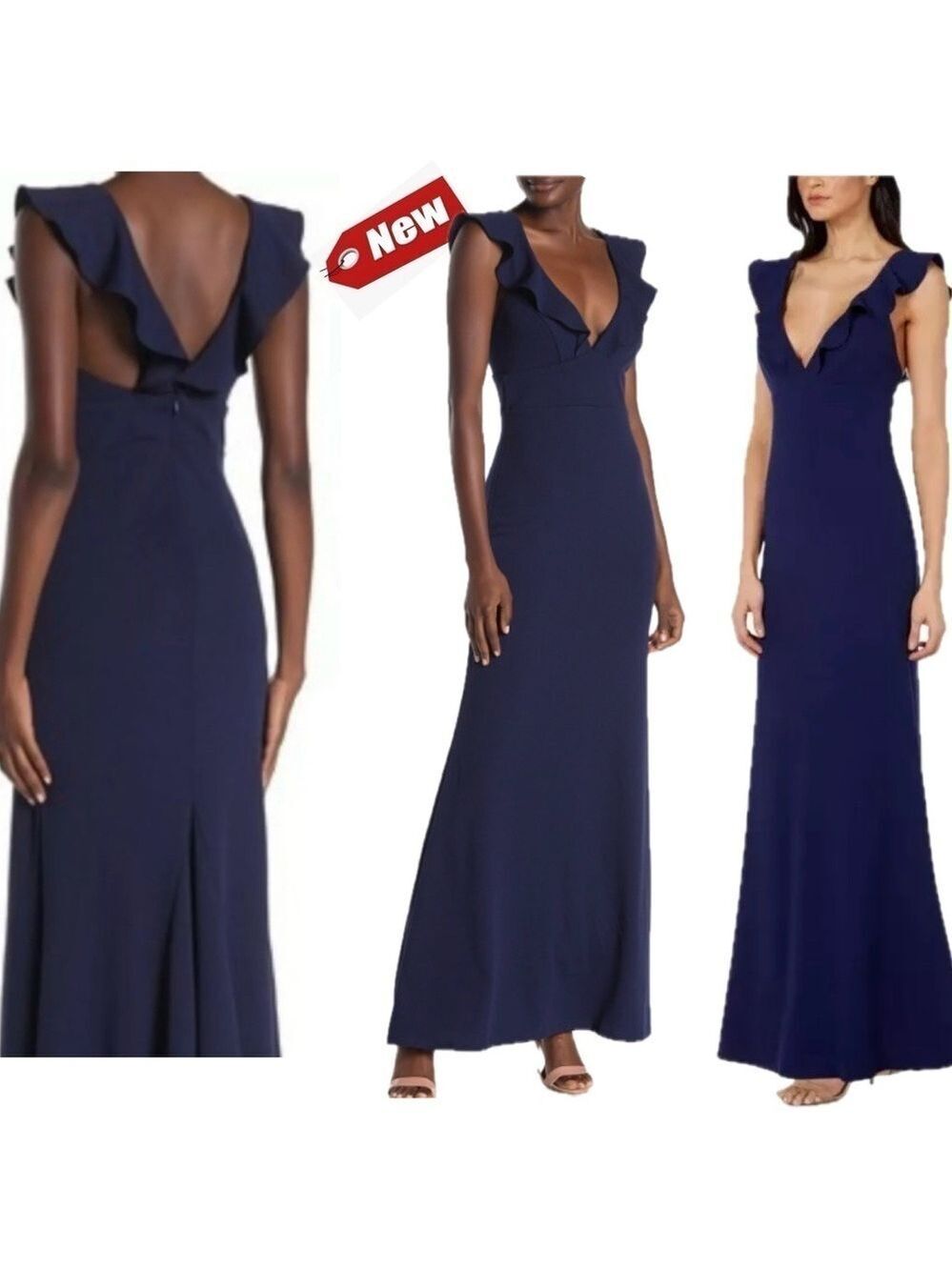 Lulu’s navy blue ruffle frill V neckline sleeveless pleated mermaid maxi dress M